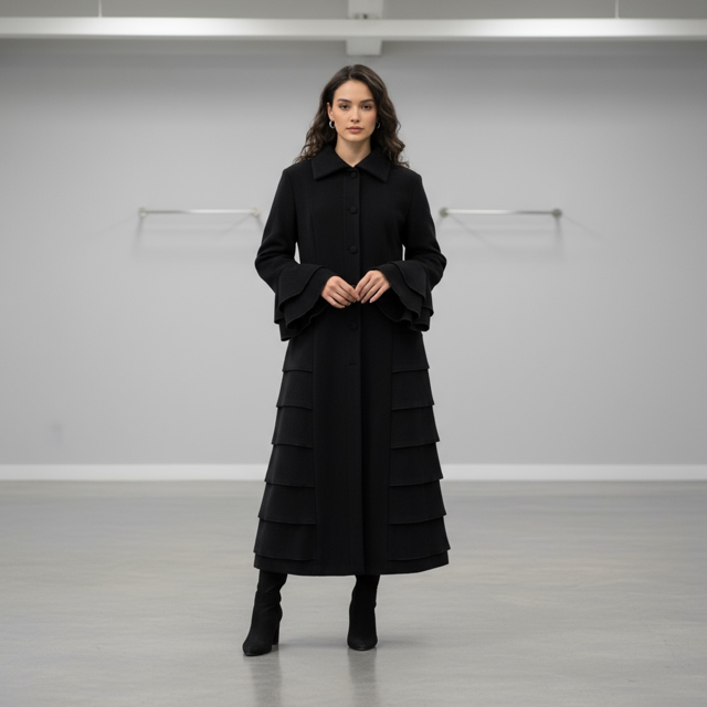 Elegant Black Long Coat with Tiered Hem and Covered Buttons STYLE U19/WL - Extravagance Fashion 