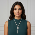 Model wearing Silver Beaded Necklace with Charm and Tassels