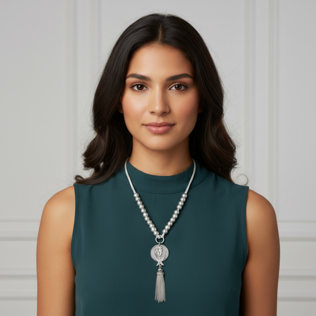 Model wearing Silver Beaded Necklace with Charm and Tassels