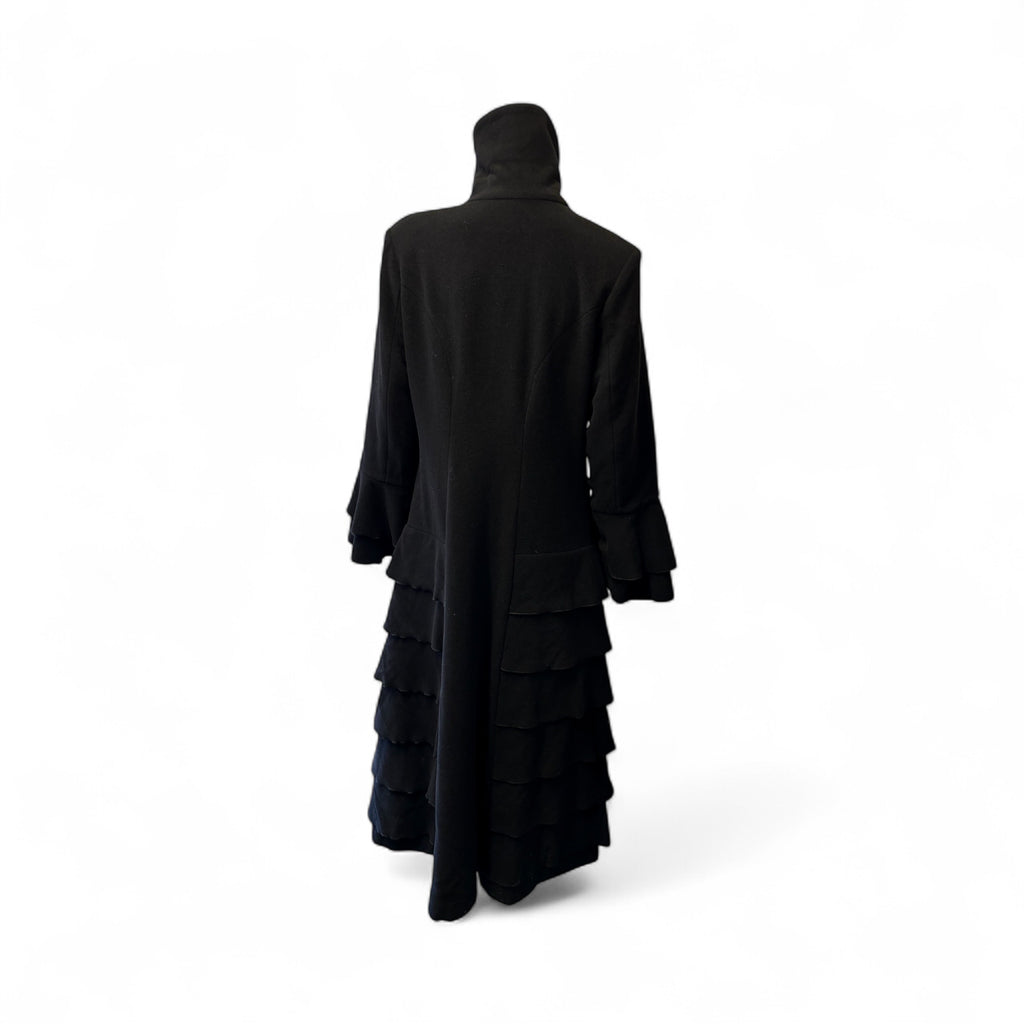Elegant Black Long Coat with Tiered Hem and Covered Buttons STYLE U19/WL - Extravagance Fashion 