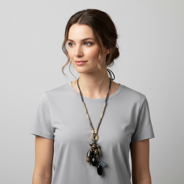 Model wearing  the Beaded String Necklace Featuring Collection of Unique Stones