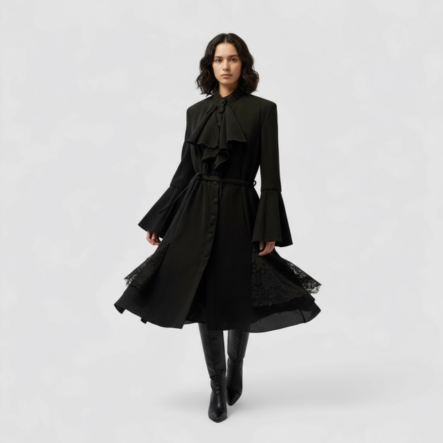 Elegant Black Belted Coat with Statement Bow and Textured Details Style U18/WL - Extravagance Fashion 