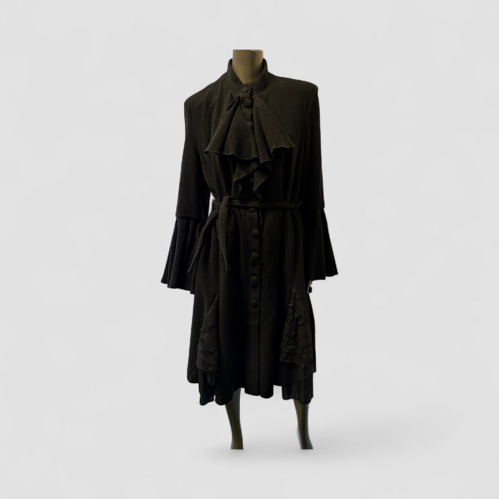 Elegant Black Belted Coat with Statement Bow and Textured Details Style U18/WL - Extravagance Fashion 