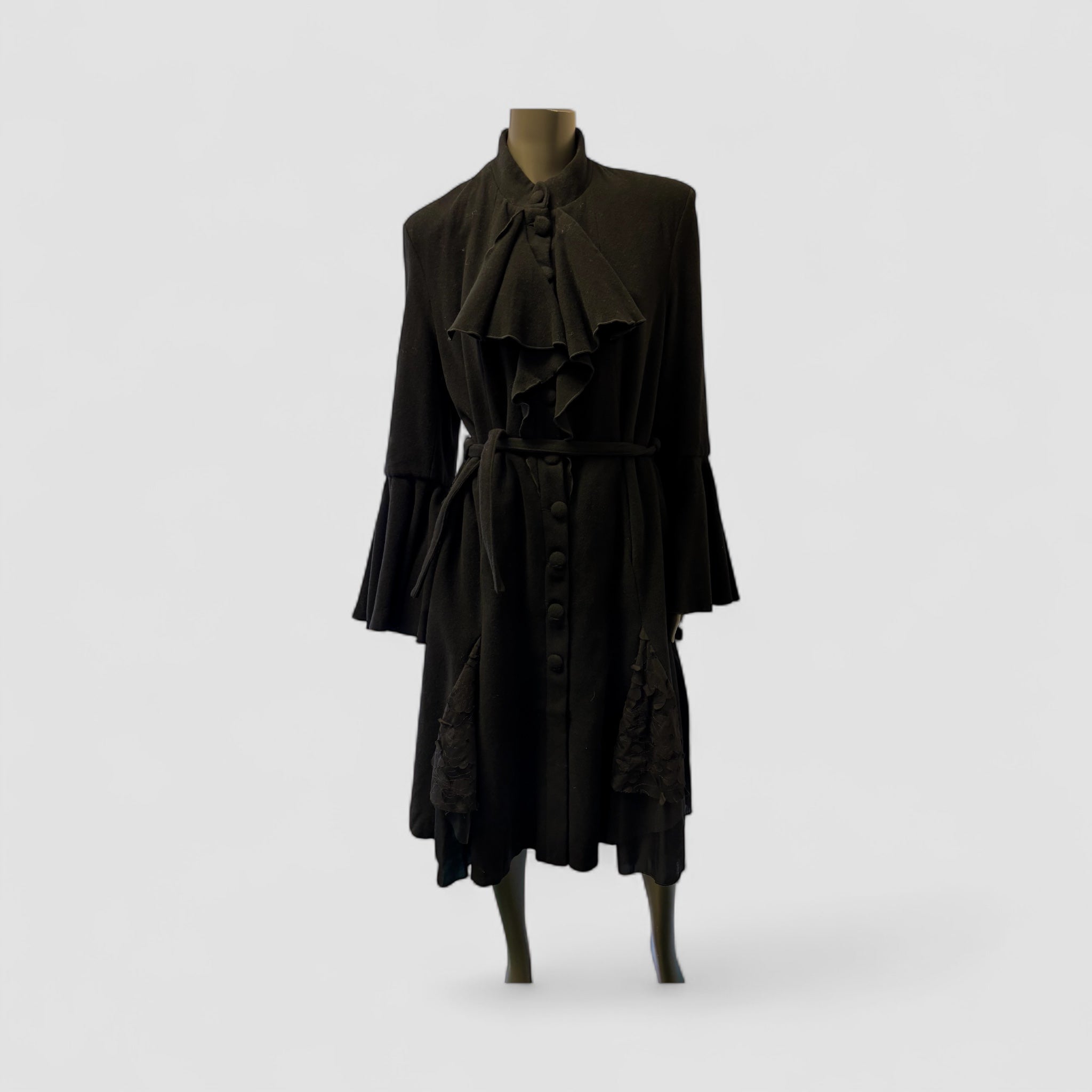 Elegant Black Belted Coat with Statement Bow and Textured Details Style U18/WL - Extravagance Fashion 