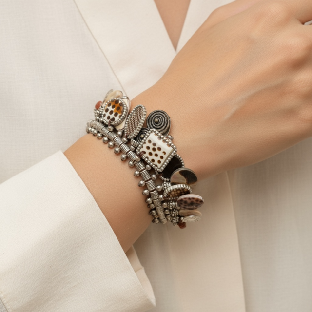 Model wearing Metal Bracelet with Magnetic Clasp and Layered Glass Charms