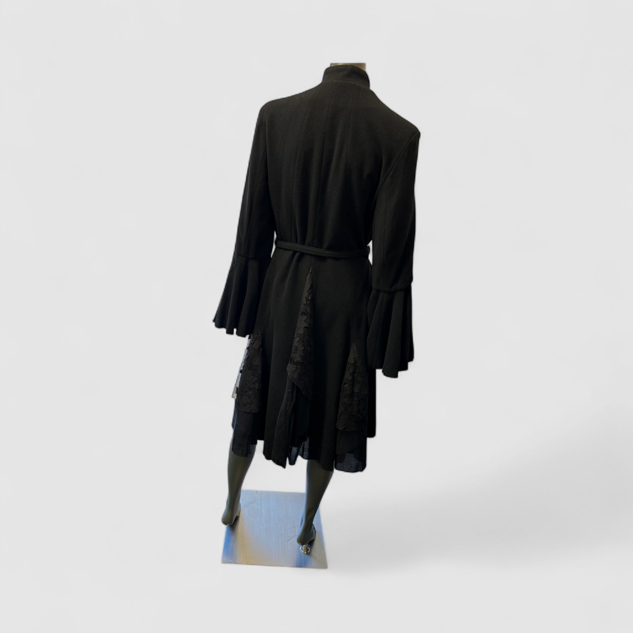 Elegant Black Belted Coat with Statement Bow and Textured Details Style U18/WL - Extravagance Fashion 