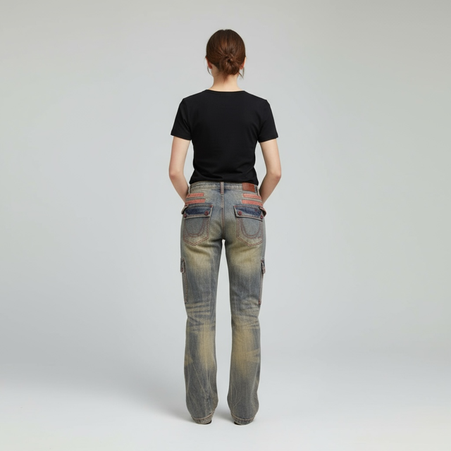 back view  of the Women's Low-Rise Cargo Jeans with Contrast Stitching - Vintage Wash