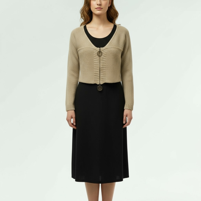 Beige Cropped Knit Cardigan with Ring Detail-Gargrish-Lunatisme - Extravagance Fashion 