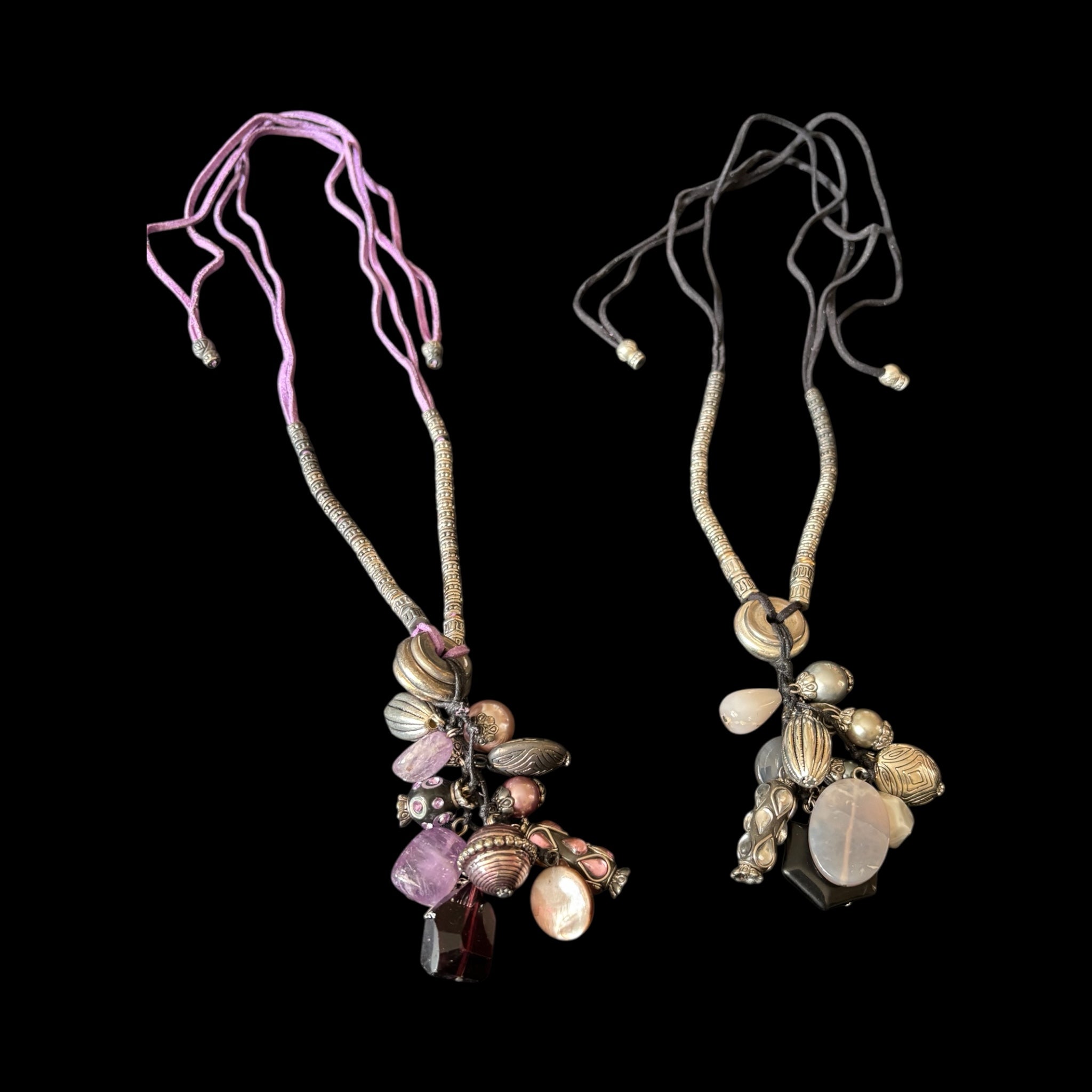 Beaded String Necklace Featuring Collection of Unique Stones in Purple shades and beige  shades 