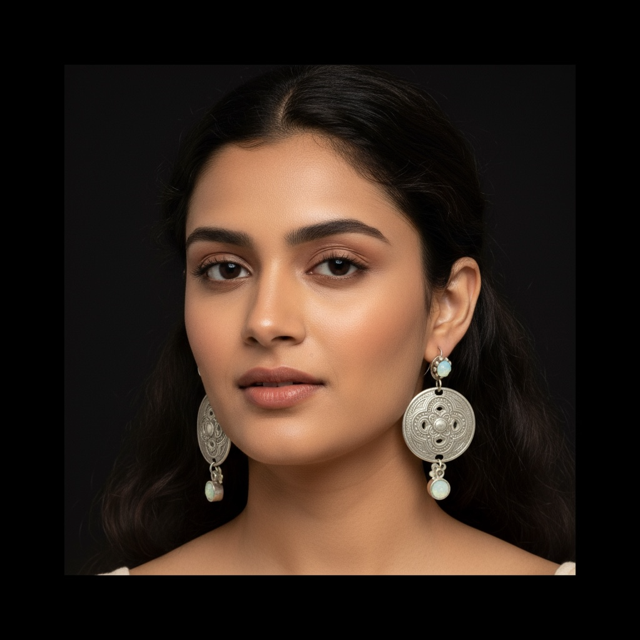 Model Wearing Dangly Chandelier Earrings with Embroidered Detail & Rhinestones)
