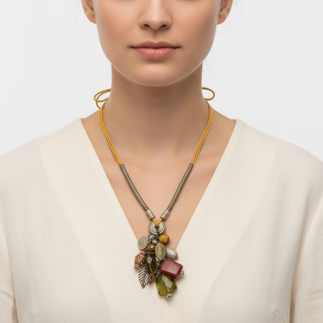 Beaded String Necklace Featuring Collection of Unique Stones