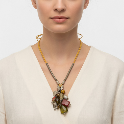 Beaded String Necklace Featuring Collection of Unique Stones