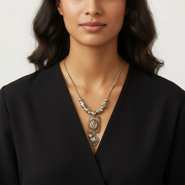Model wearing Silver Metal Necklace with Orange Rhinestones