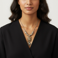 Model wearing Silver Metal Necklace with Orange Rhinestones