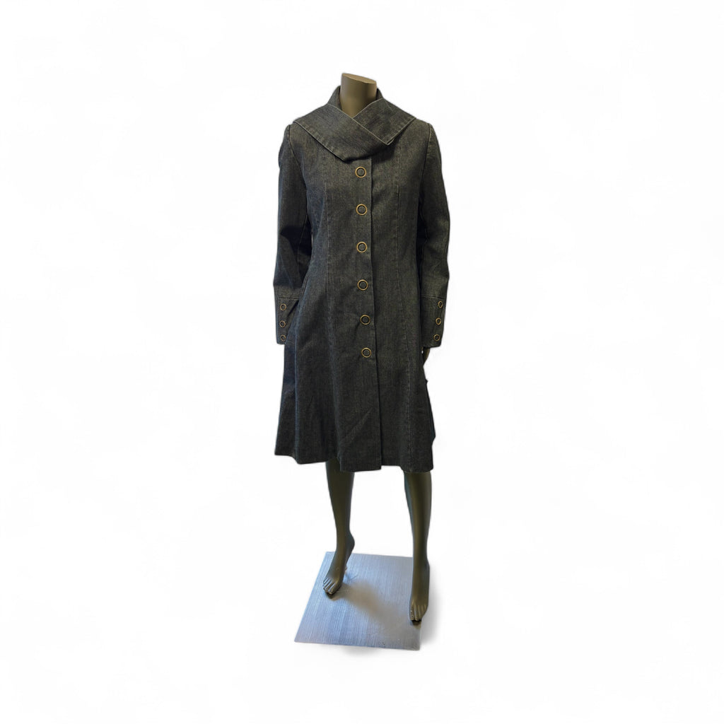 Stylish Long Denim Coat with Gold-Tone Button Detailing STYLE W30/DN - Extravagance Fashion 
