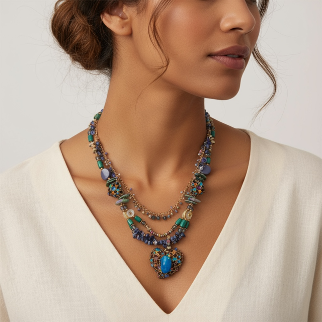Model wearing the Multi Coloured Layered Necklace in Shades of Blue, Green and Brown