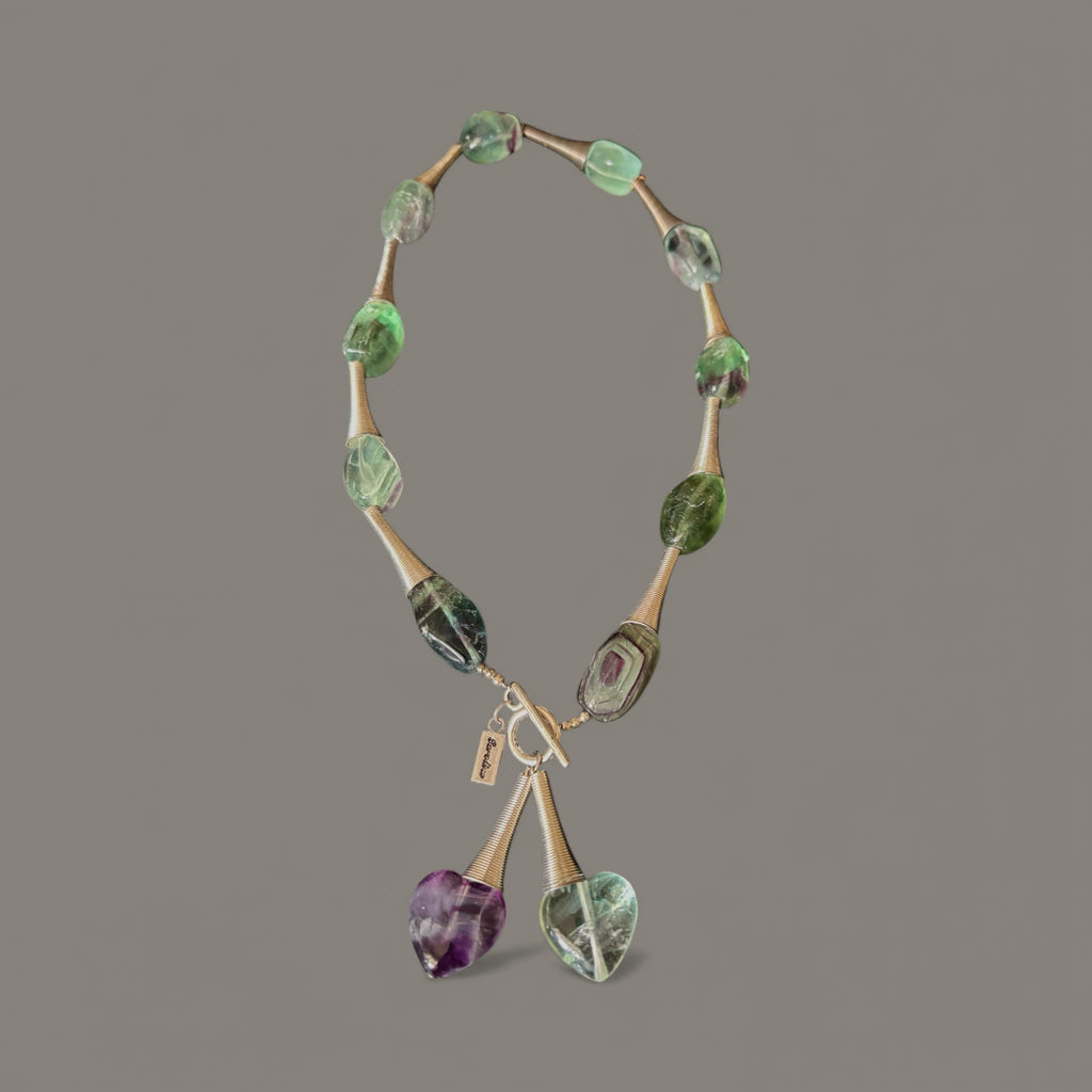 Twisted Corn Metal Necklace with Green and Purple Beads