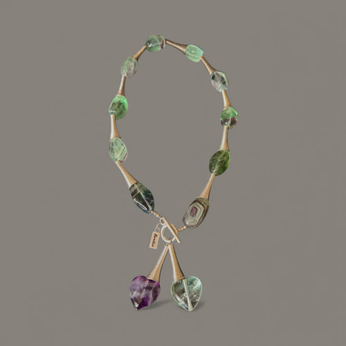 Twisted Corn Metal Necklace with Green and Purple Beads