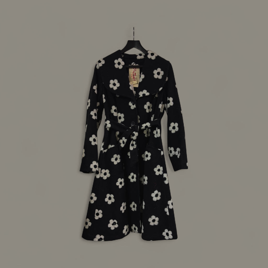 Black Floral Belted Coat STYLE NO.HE027/WFL - Extravagance Fashion 