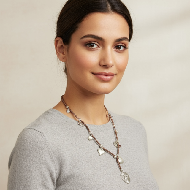 Model  wearing Brown Rope Leather Necklace with Heart Shaped Charms