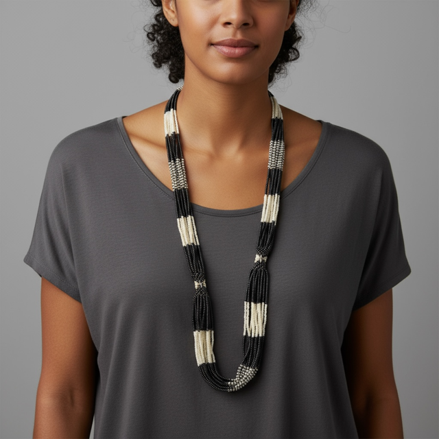 Model wearing the String of black and white beaded necklace