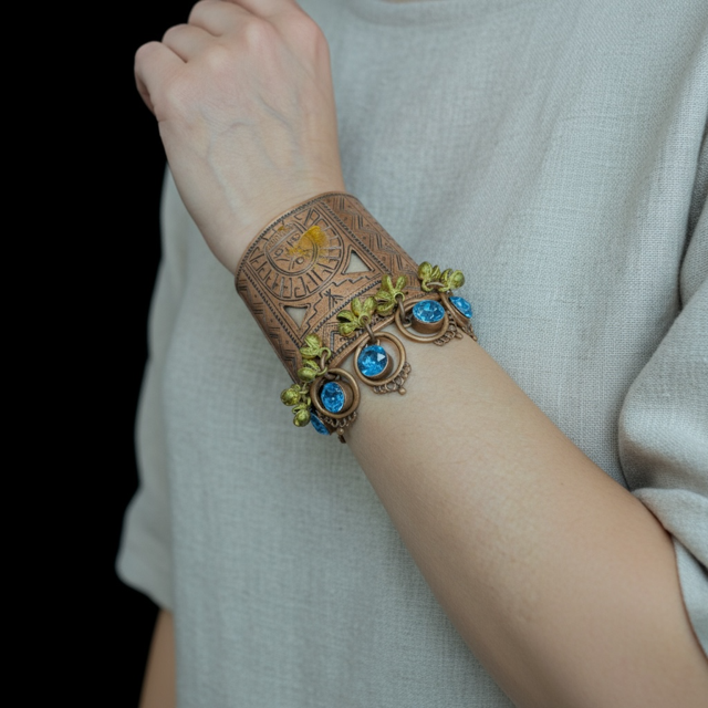 Copper Adjustable Cuff with Intricate Embroidery and Metal Beading