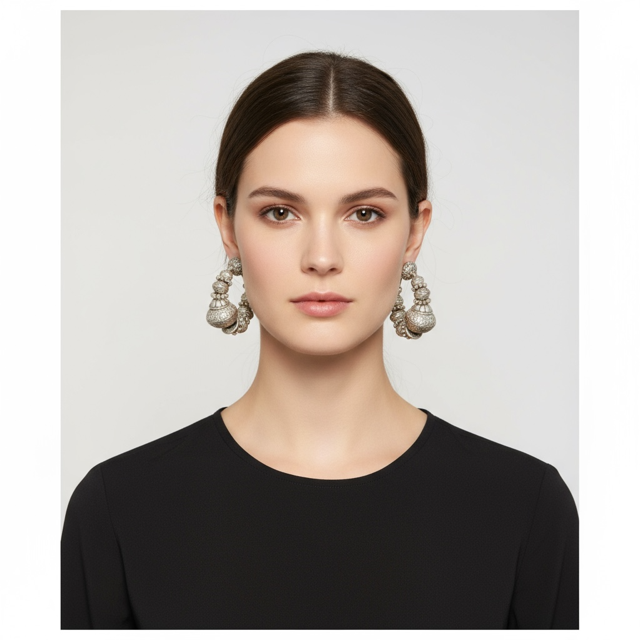 Woman wearing large, ornate earrings 