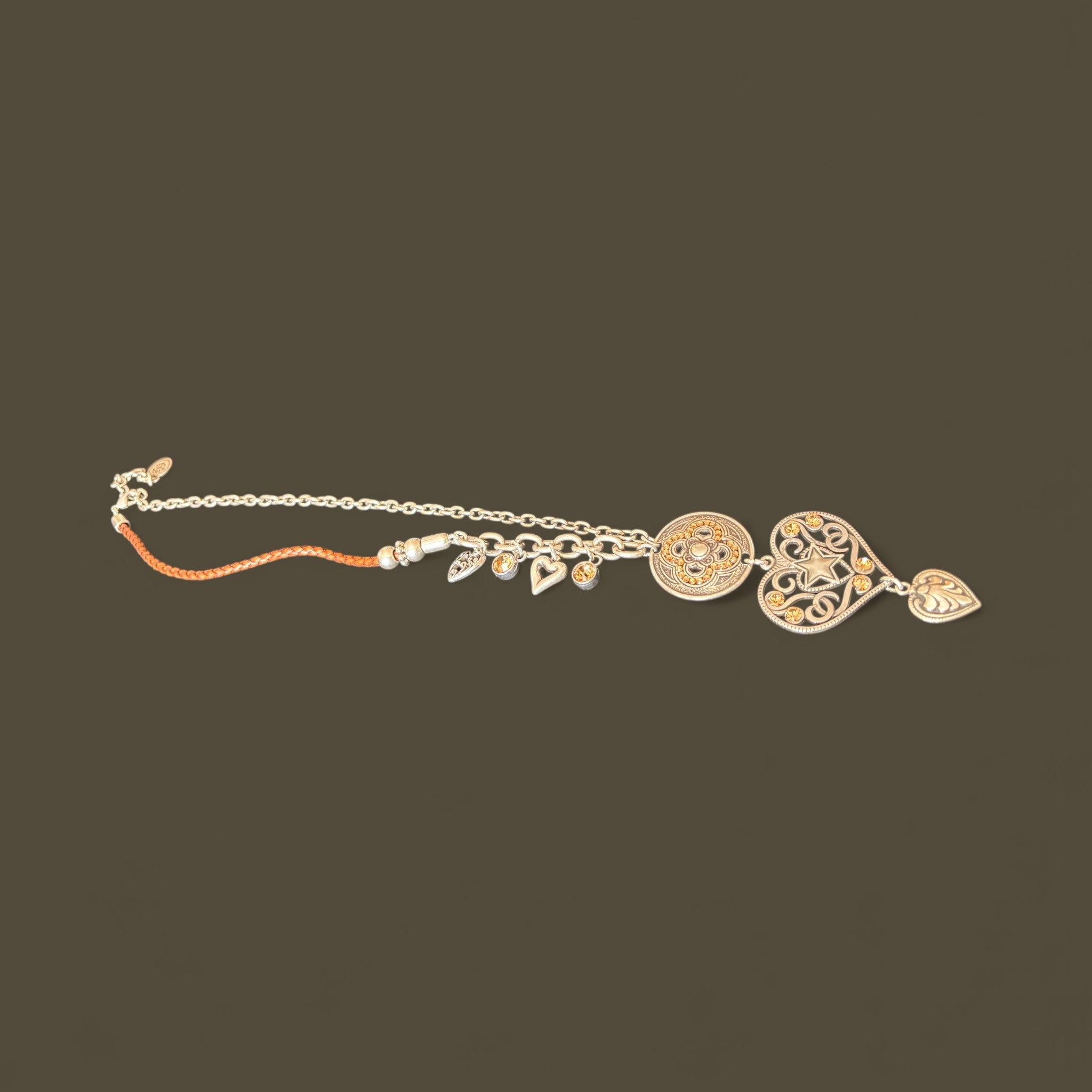 Twisted Leather and Metal Necklace with Rhinestones