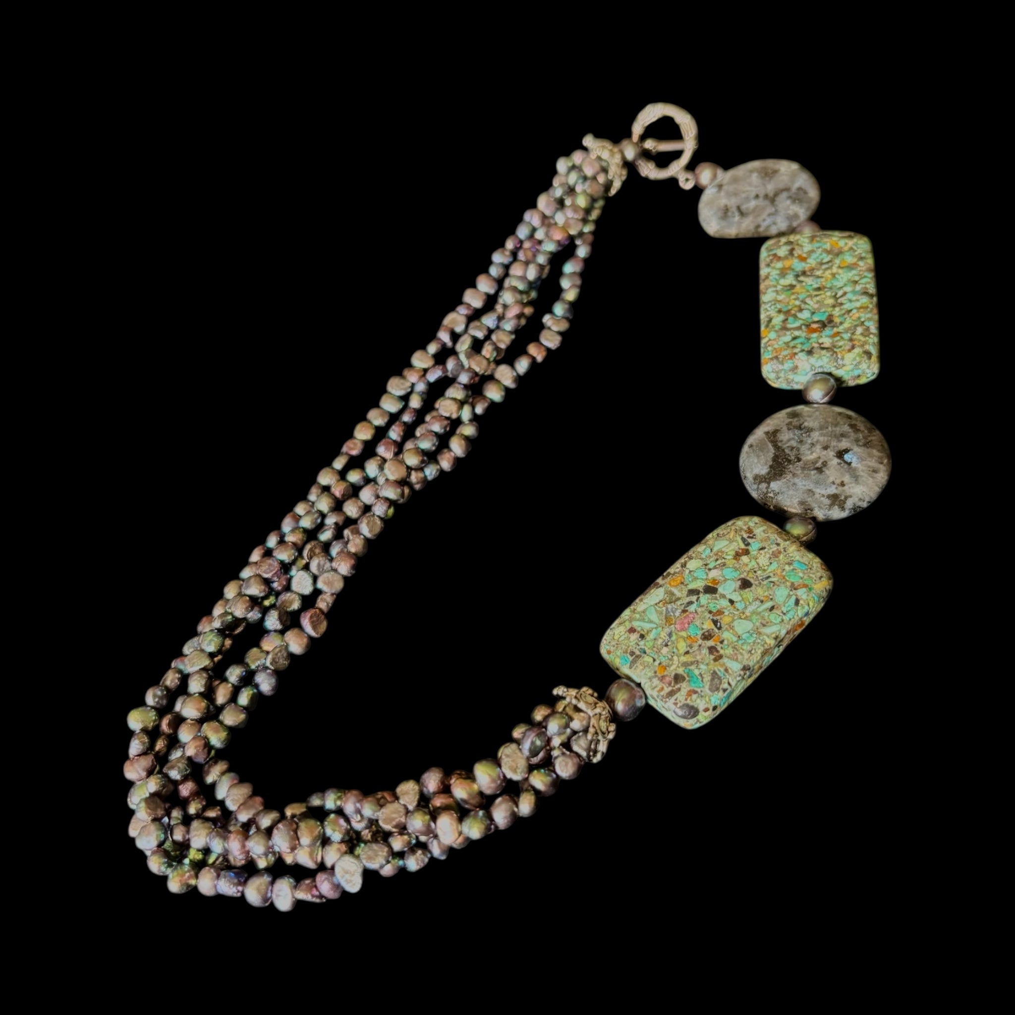 Black Speckled Rice Pearls Necklace with Stones