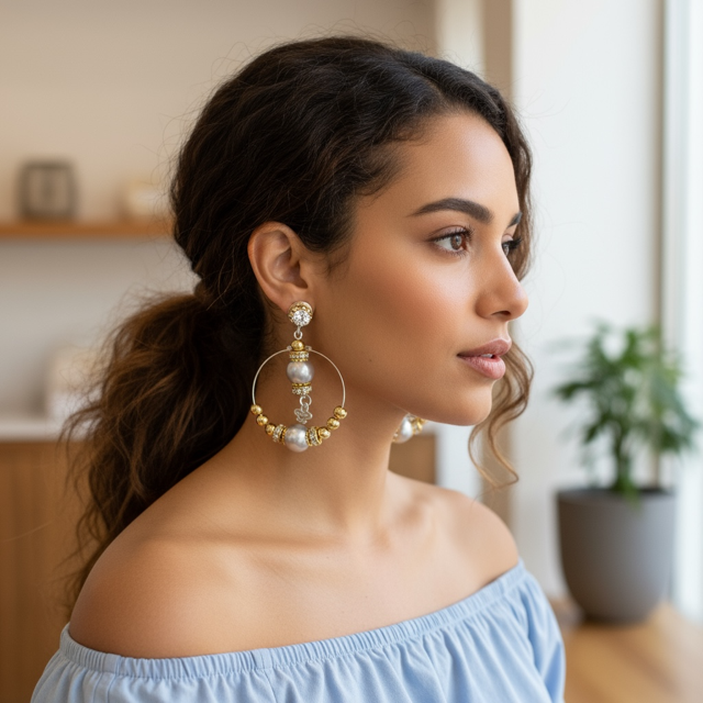 Model wearing  the Dangly Hoop Earrings with Coloured Beads - Vibrant Jewellery 
