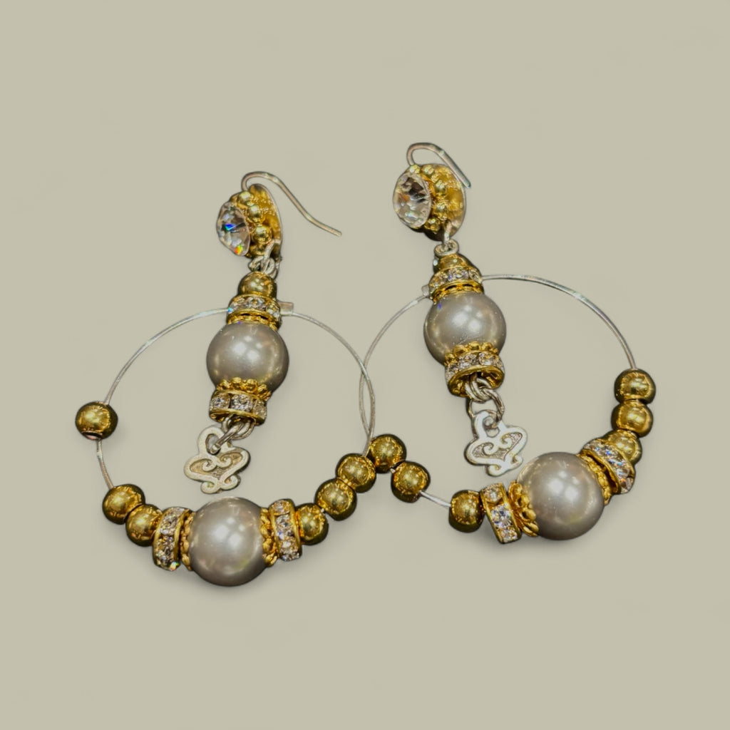 Dangly Hoop Earrings with gold and white  Beads - Vibrant Jewellery 