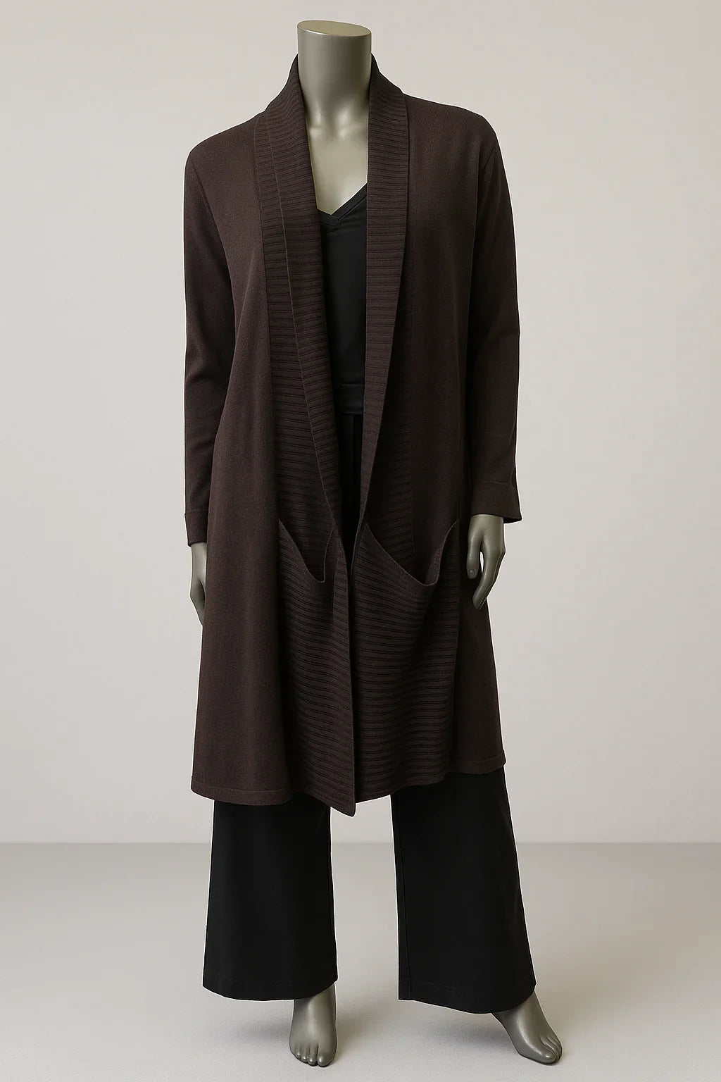 long knitted edge to edge Coat/ Cardigan with ribbing detail on lapel and pockets- style GYLIO 707 - Extravagance Fashion 