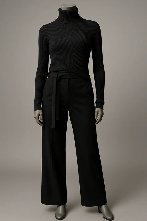 Assymetric thin Ribbed Polo neck Sweater with ties Style No. Boss 26 - Extravagance Fashion 