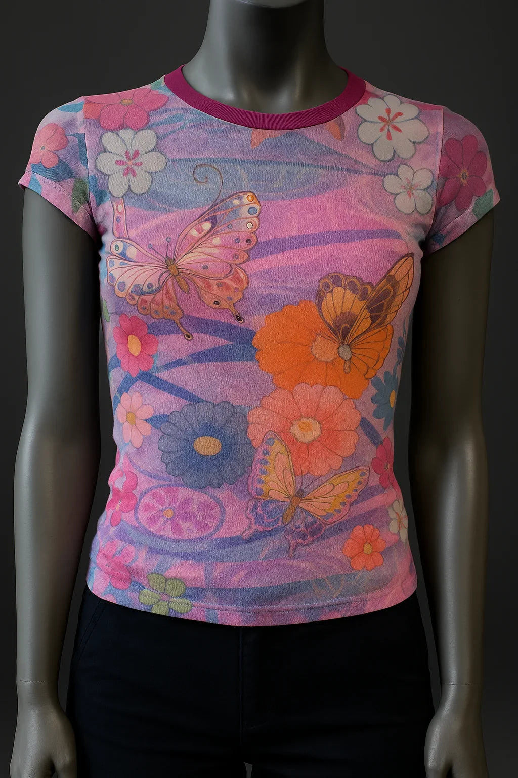 Printed Mesh T Shirt with Embelishment Purple Butterflies - Extravagance Fashion 