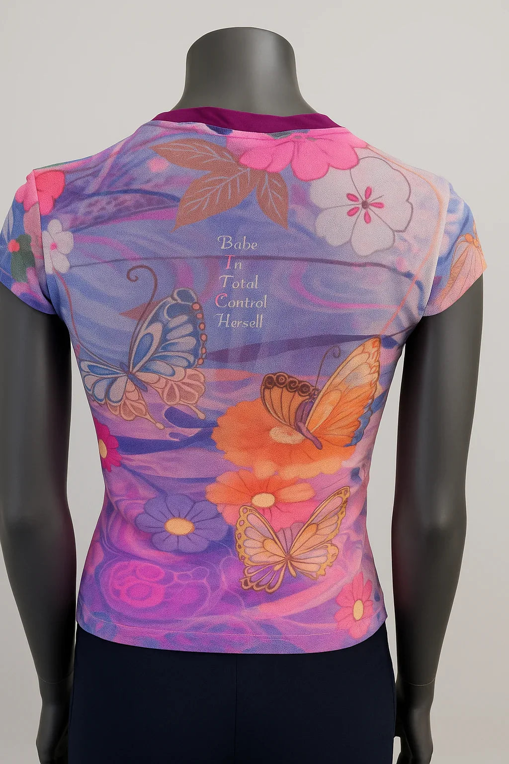 Printed Mesh T Shirt with Embelishment Purple Butterflies - Extravagance Fashion 