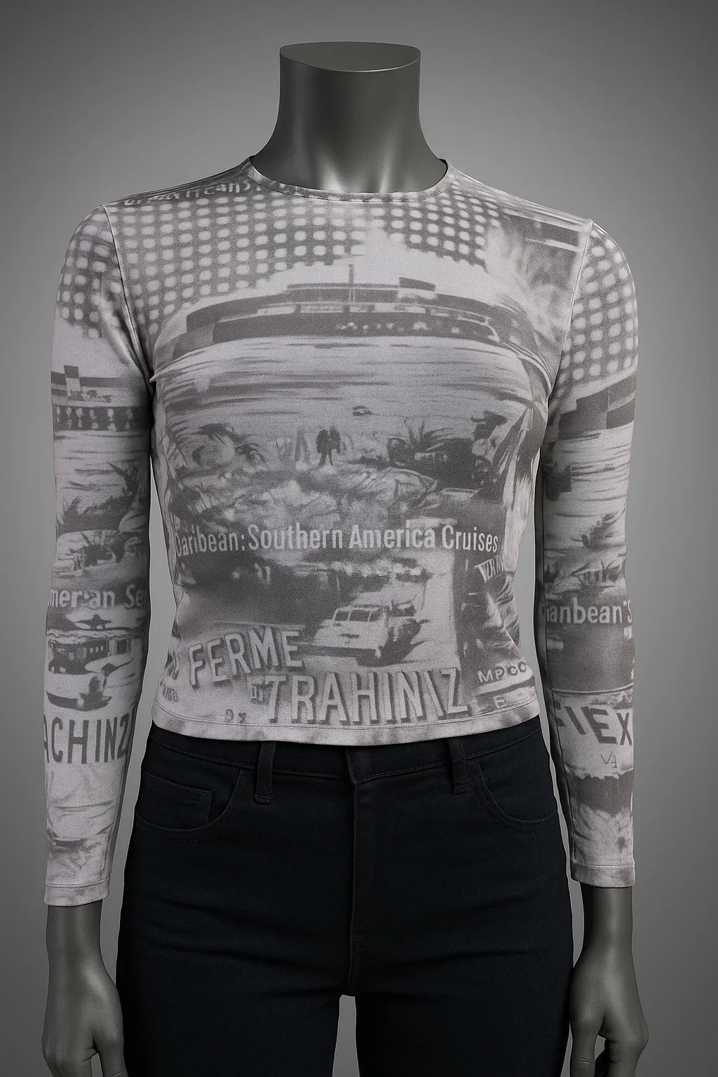 Printed Mesh T Shirt with Embelishment   South American Cruises Print - Extravagance Fashion 