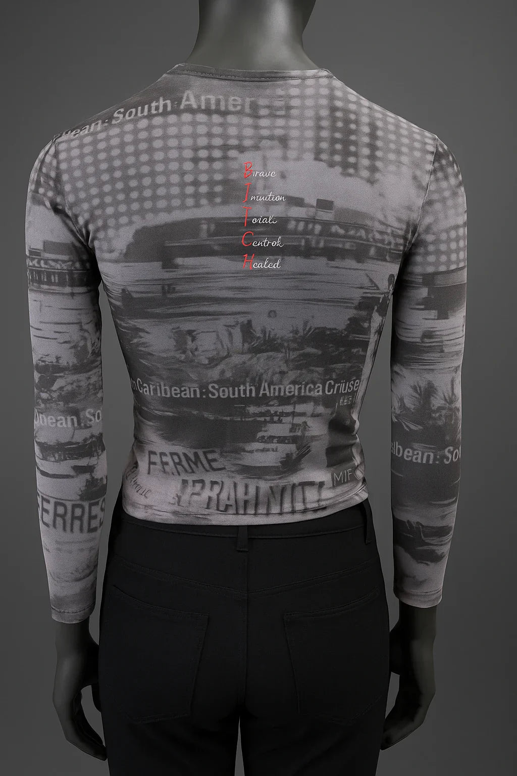Printed Mesh T Shirt with Embelishment   South American Cruises Print - Extravagance Fashion 